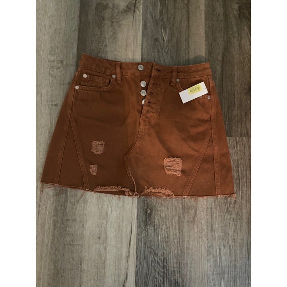 free people We The Free Rust Brown Deconstructed A-Line Mini Denim Skirt Size 2